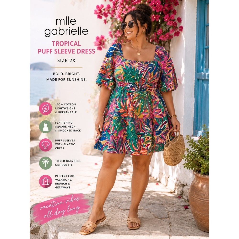 Mlle Gabrielle 2X Tropical Leaf Print Mini Dress Cottagecore Resort